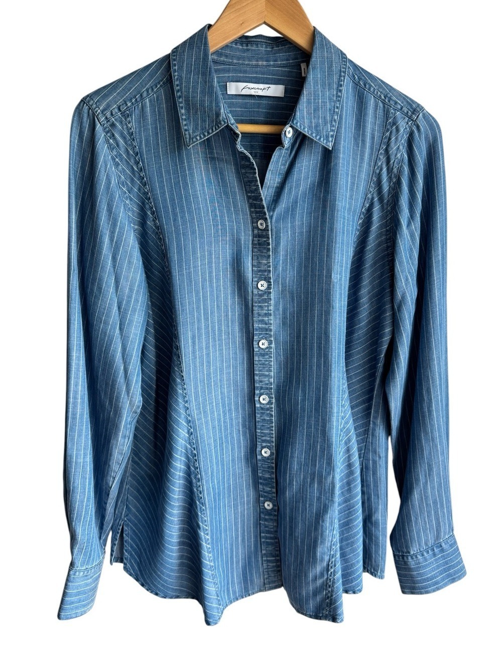 Foxcroft Tencel Striped Button Down Shirt Sz 6 Blue Lightweight Denim Top Casual
